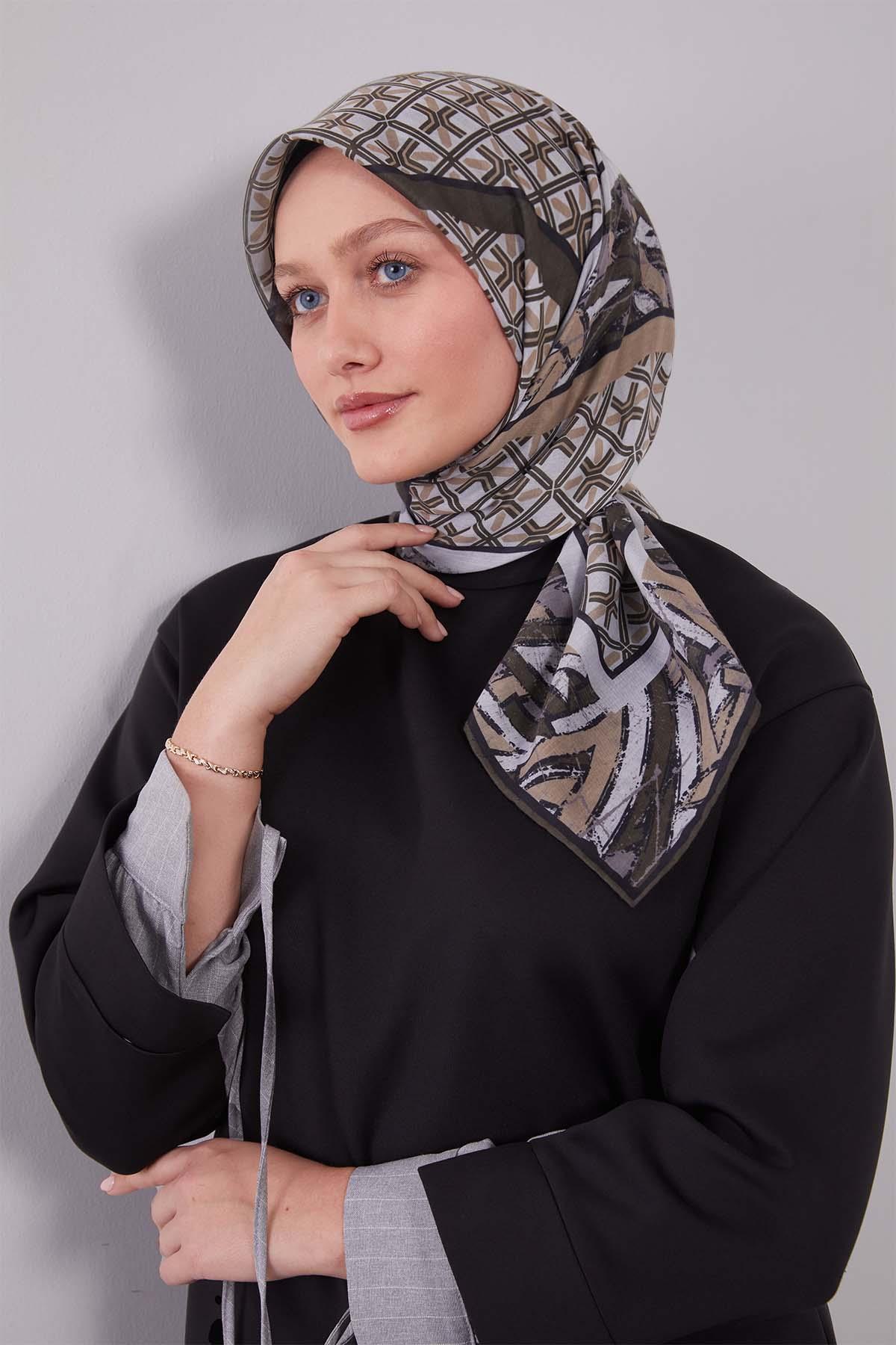 Fivescarf Haki Geometri Desen Silk Cotton Eşarp