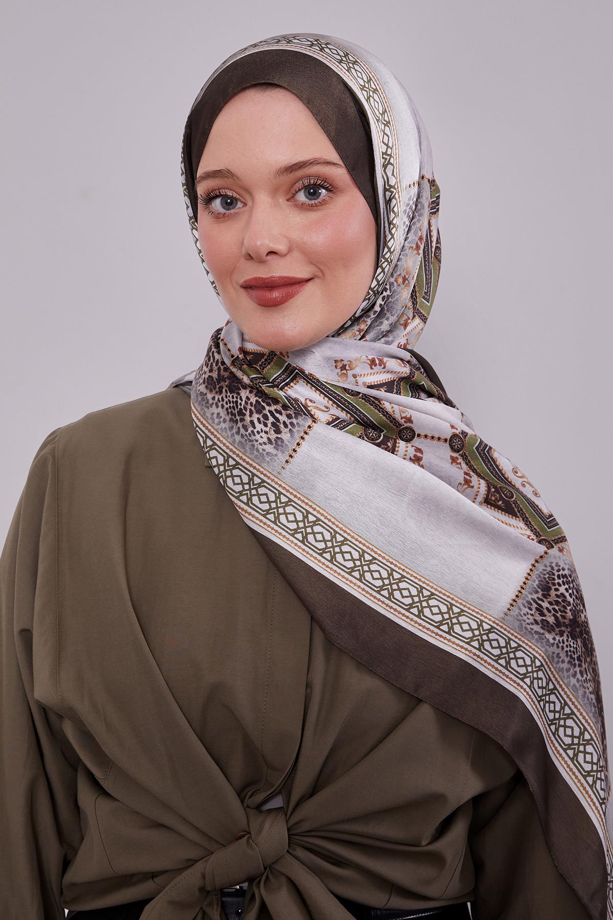 Fivescarf Haki Geometrik Desen Vual İpek Şal