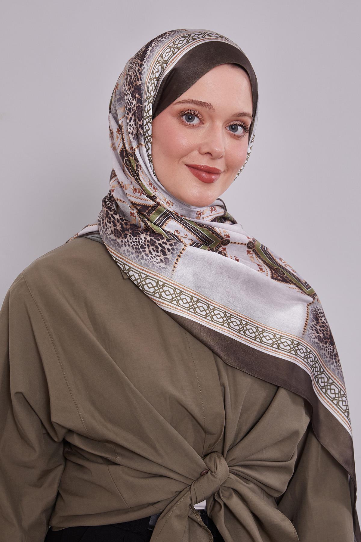 Fivescarf Haki Geometrik Desen Vual İpek Şal