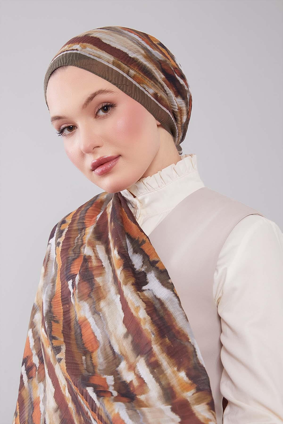 Fivescarf Haki Harmal Desen Müslin Cotton Şal