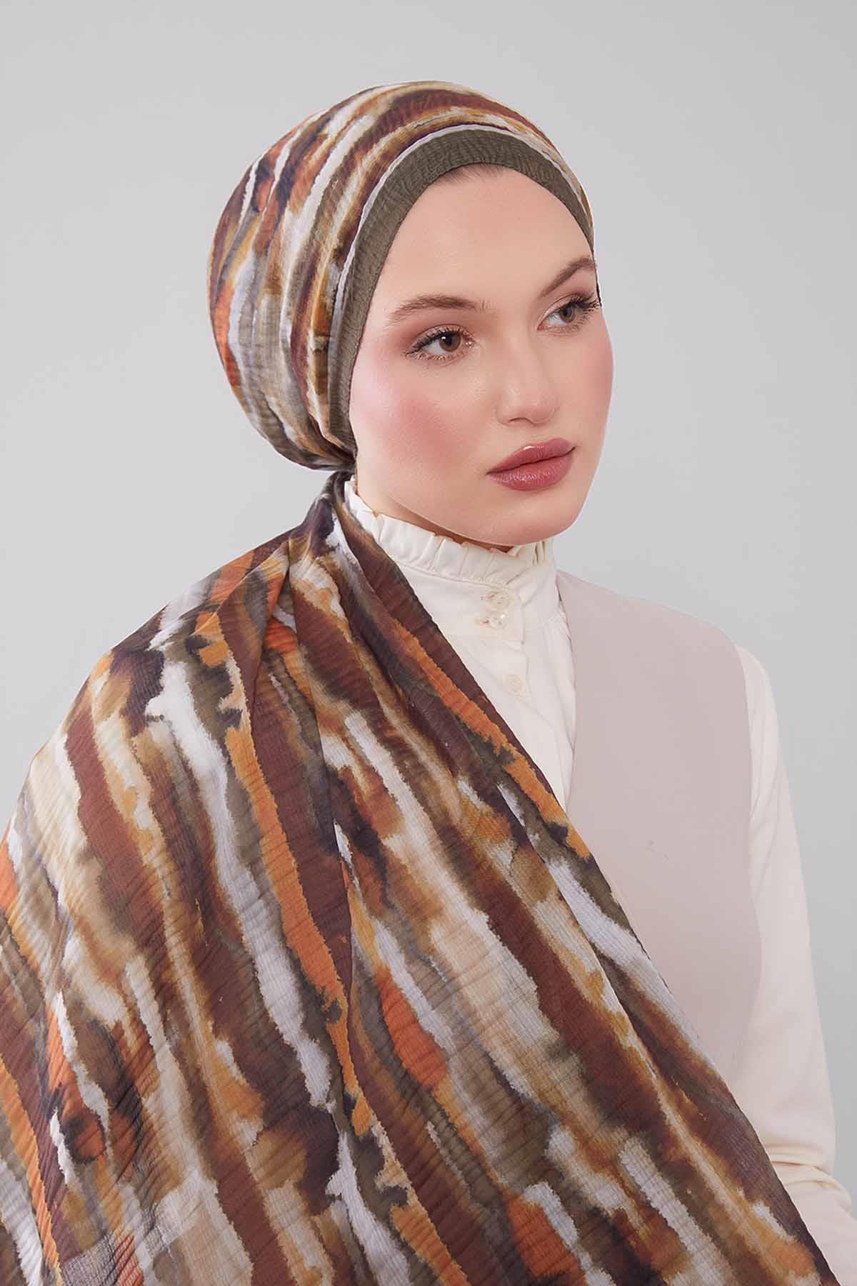 Fivescarf Haki Harmal Desen Müslin Cotton Şal