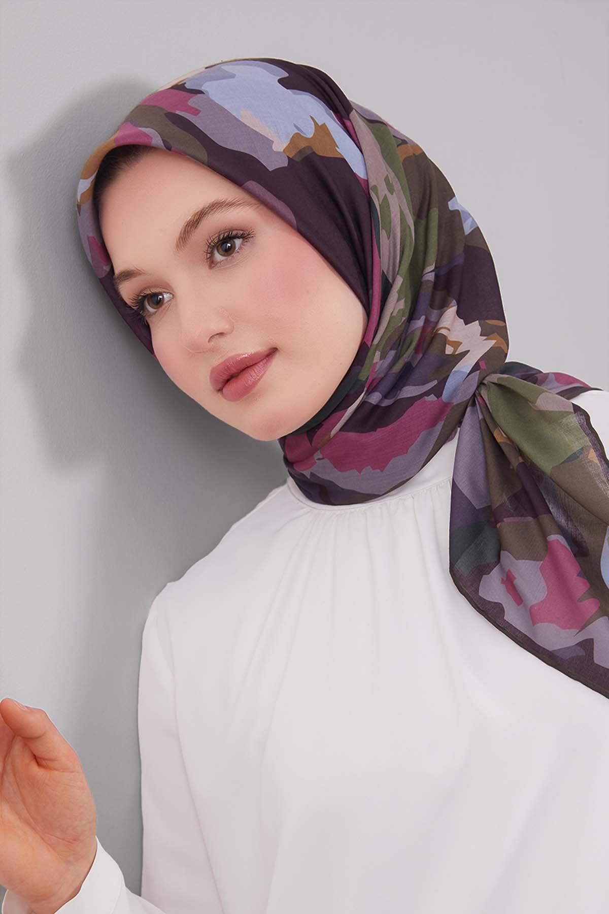 Fivescarf Haki Karışık Desen Silk Coton Eşarp