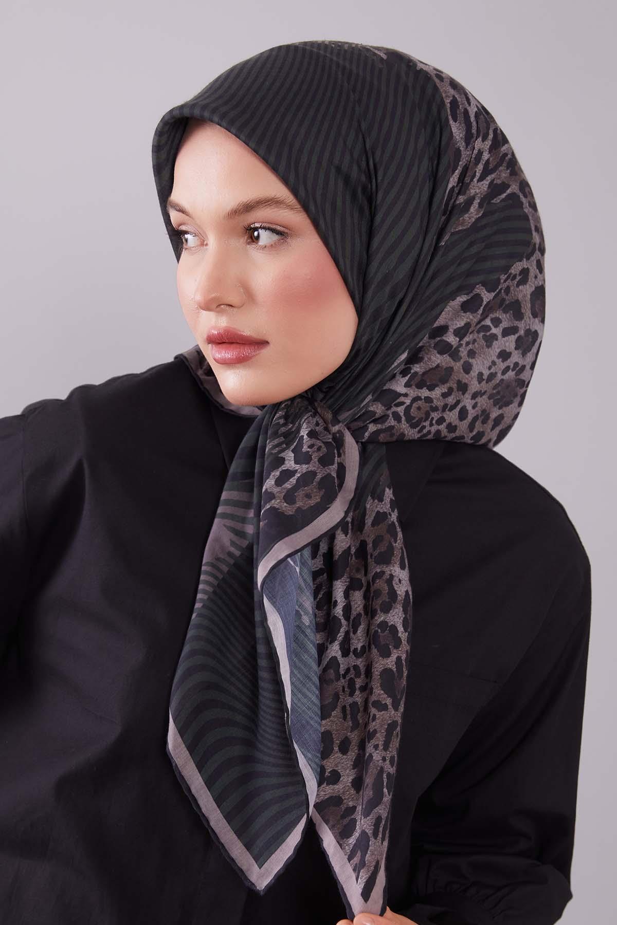 Fivescarf Haki Leopar Desen Silk Coton Eşarp