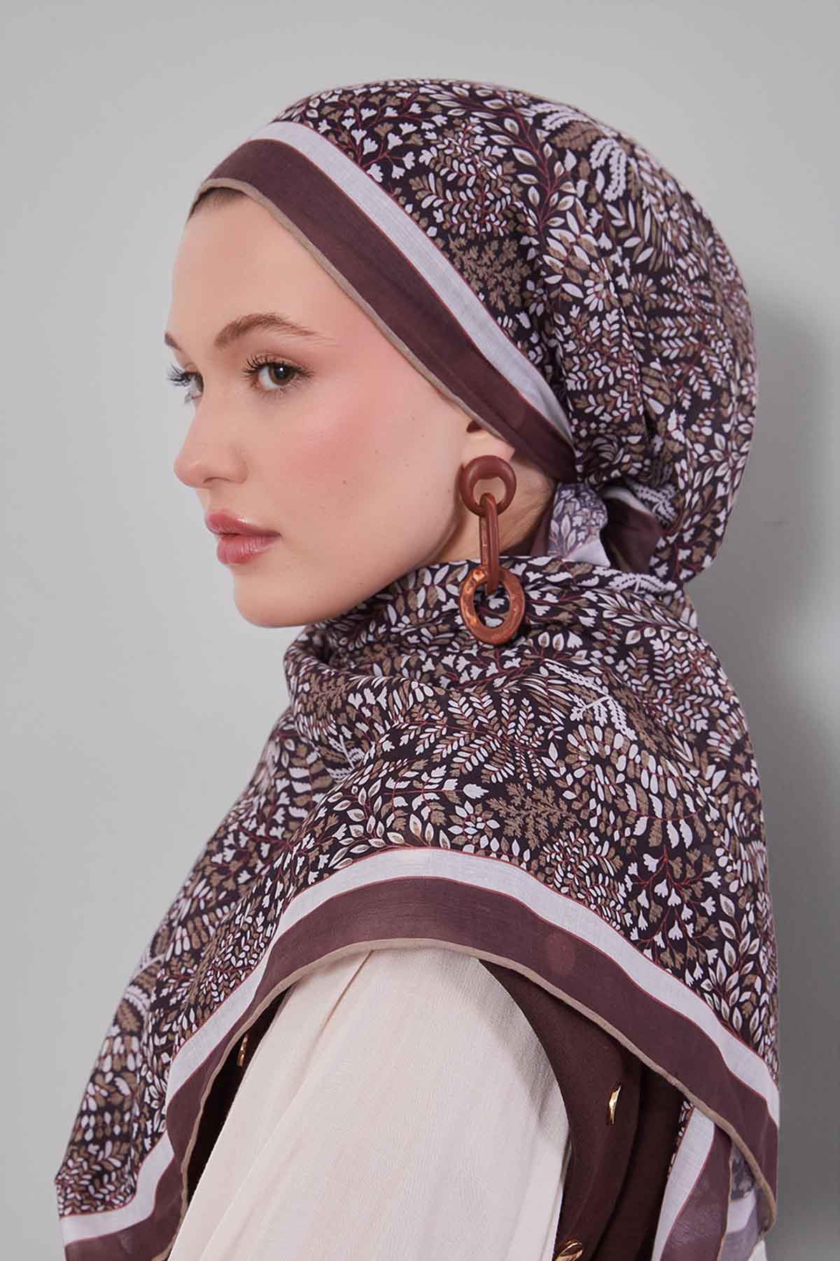 Fivescarf Haki Mini Yaprak Desen Silk Coton Eşarp