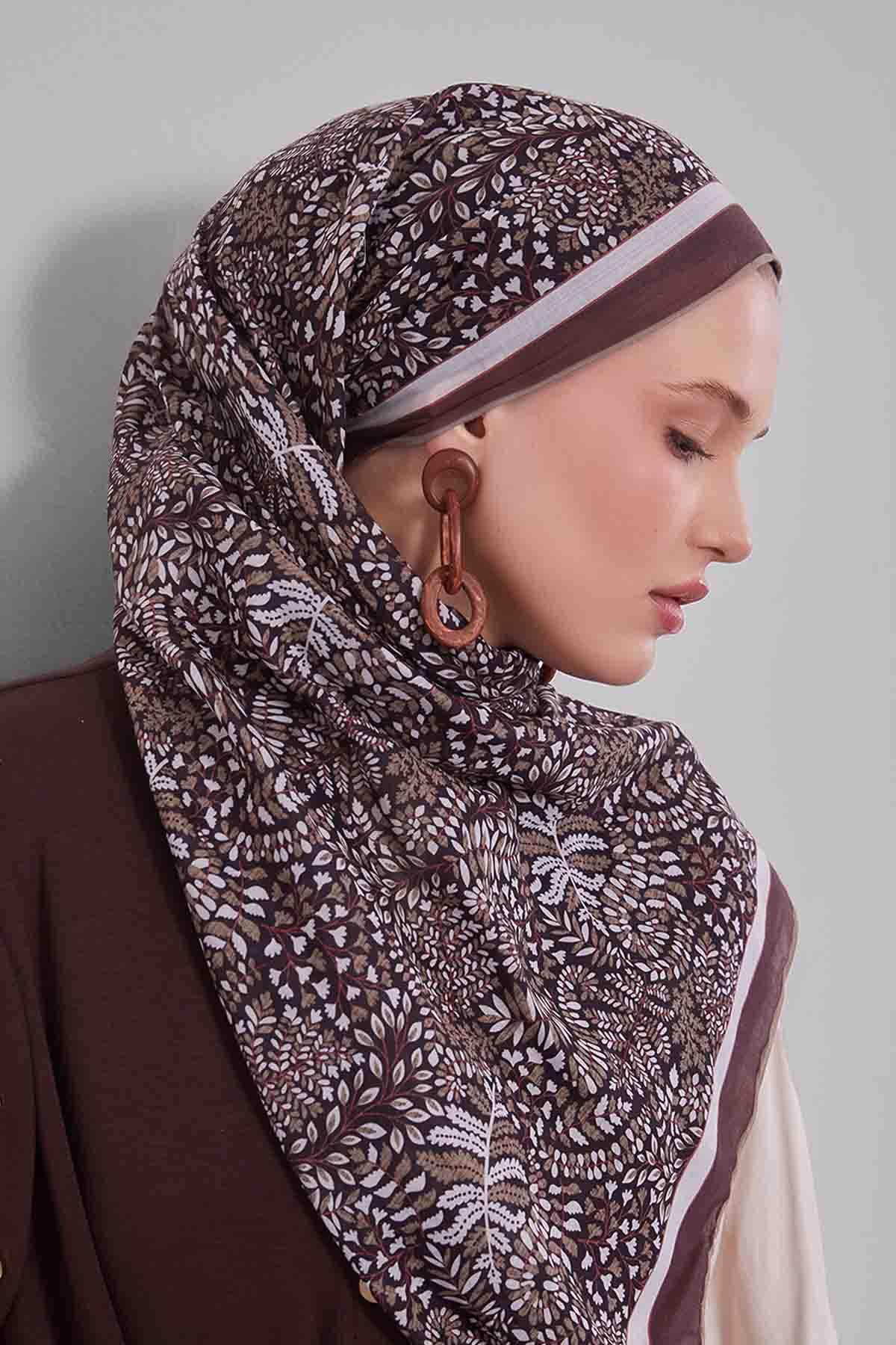 Fivescarf Haki Mini Yaprak Desen Silk Coton Eşarp