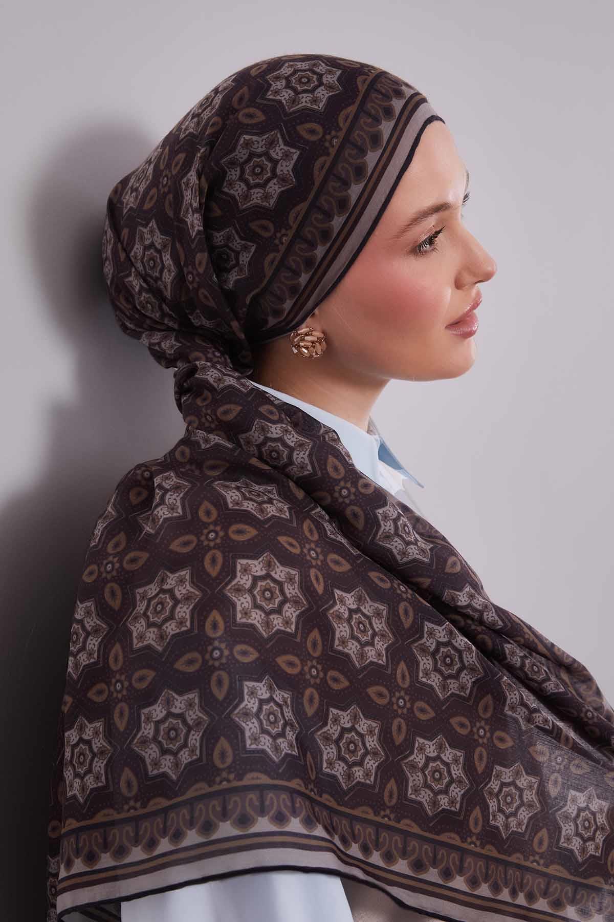 Fivescarf Haki Motif Desen Silk Coton Eşarp