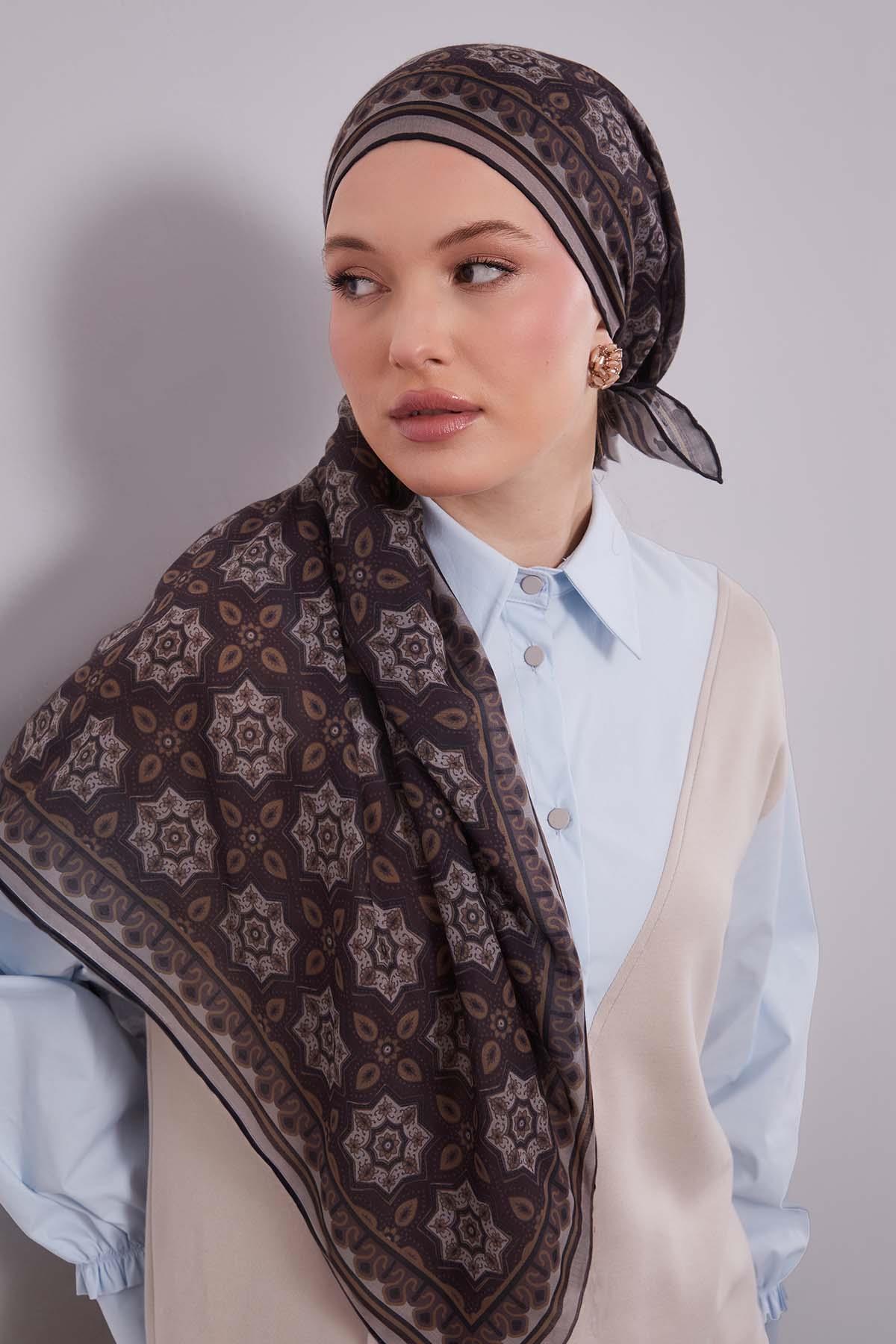 Fivescarf Haki Motif Desen Silk Coton Eşarp