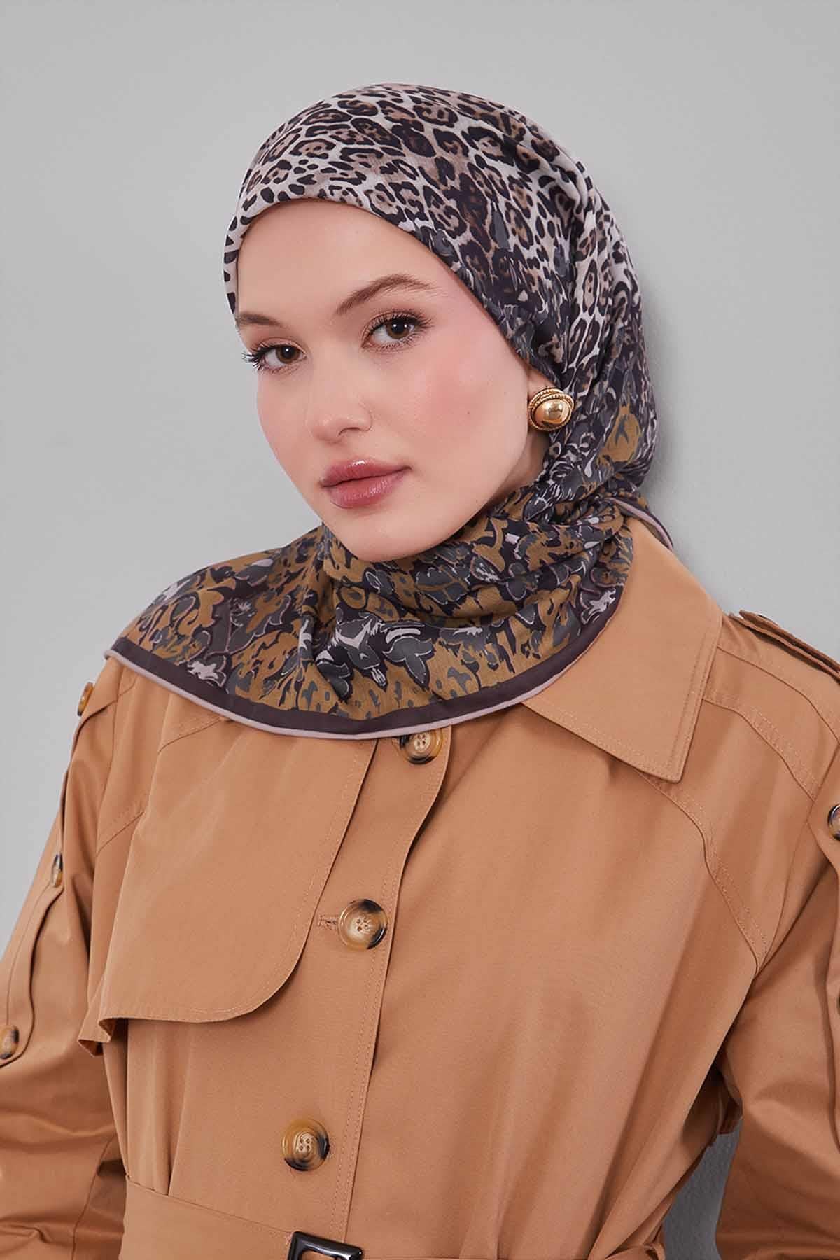 Fivescarf Hardal Karışık Leopar Desen Silk Coton Eşarp
