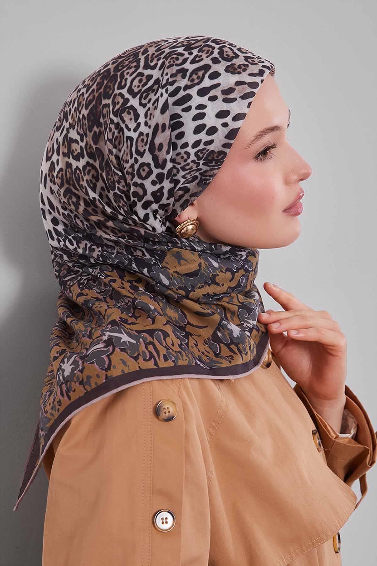Fivescarf Hardal Karışık Leopar Desen Silk Coton Eşarp