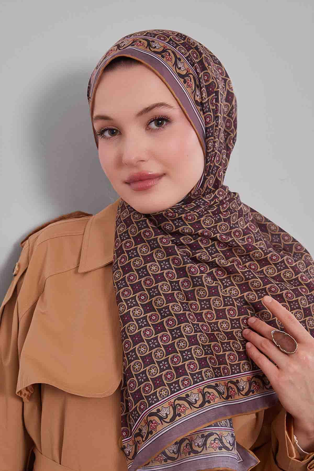 Fivescarf Hardal Papatya Desen Silk Coton Eşarp