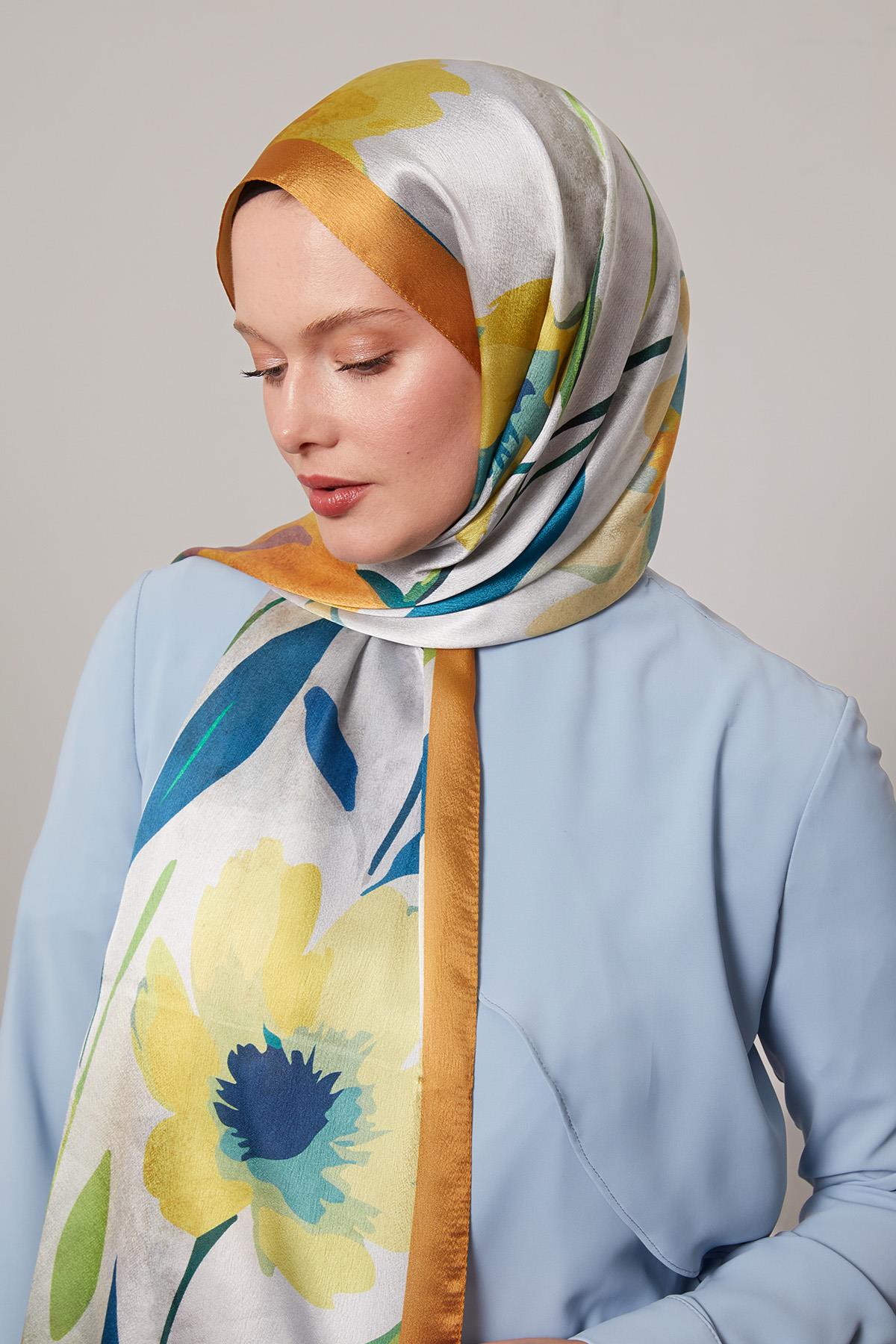 Fivescarf Hardal Somut Çiçek Desenli Vual İpek Şal