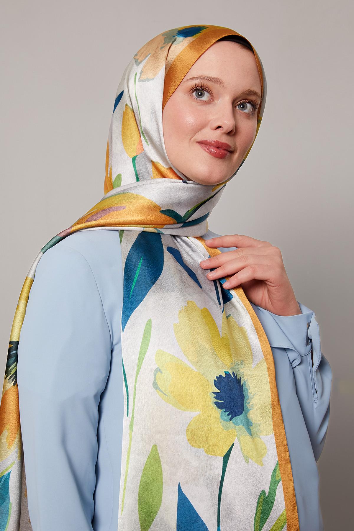 Fivescarf Hardal Somut Çiçek Desenli Vual İpek Şal