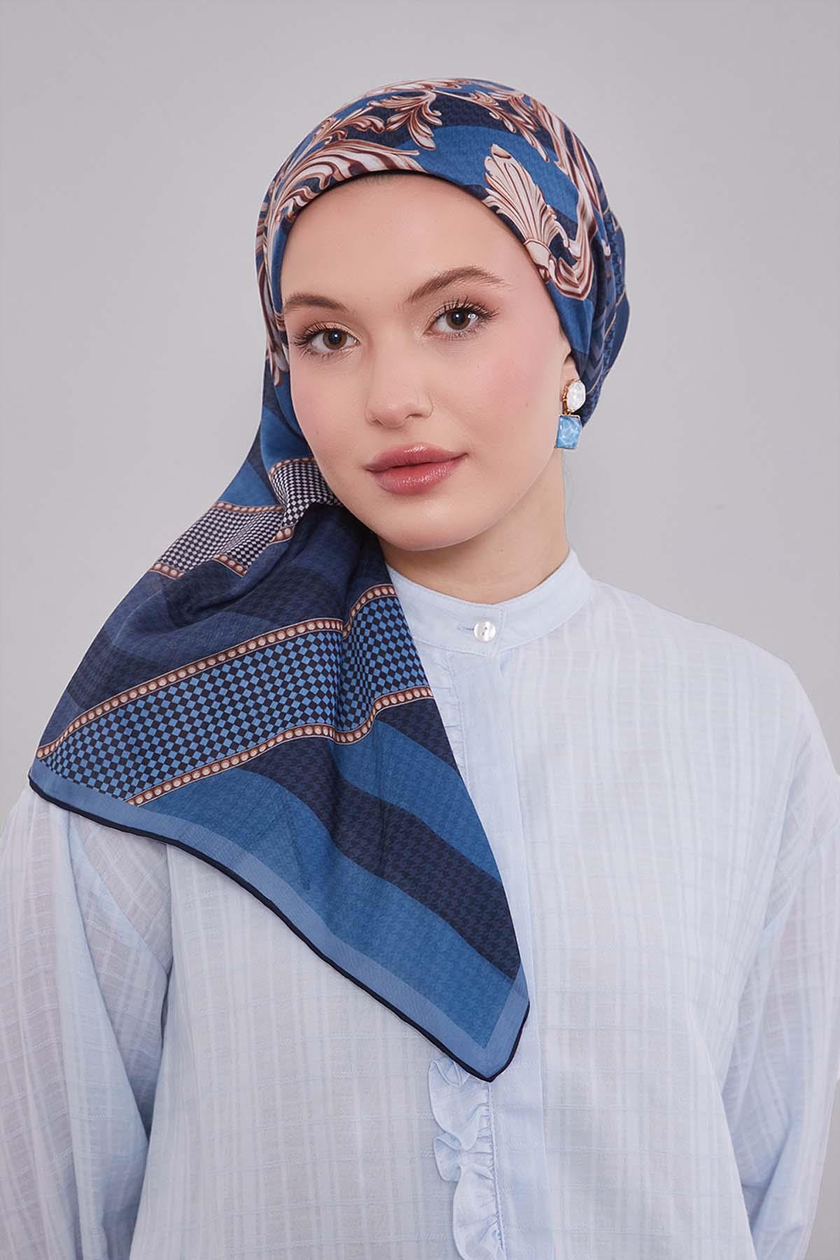 Fivescarf İndigo Boncuk Desen Silk Coton Eşarp