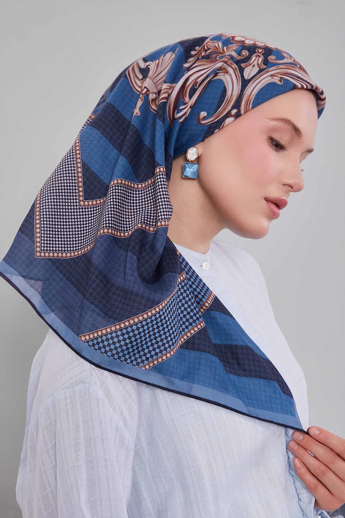 Fivescarf İndigo Boncuk Desen Silk Coton Eşarp