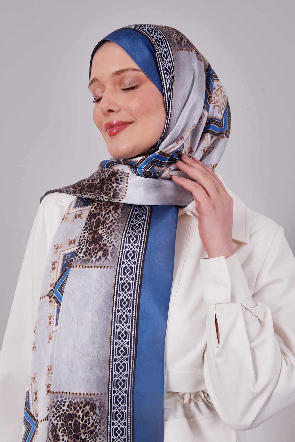 Fivescarf İndigo Geometrik Desen Vual İpek Şal