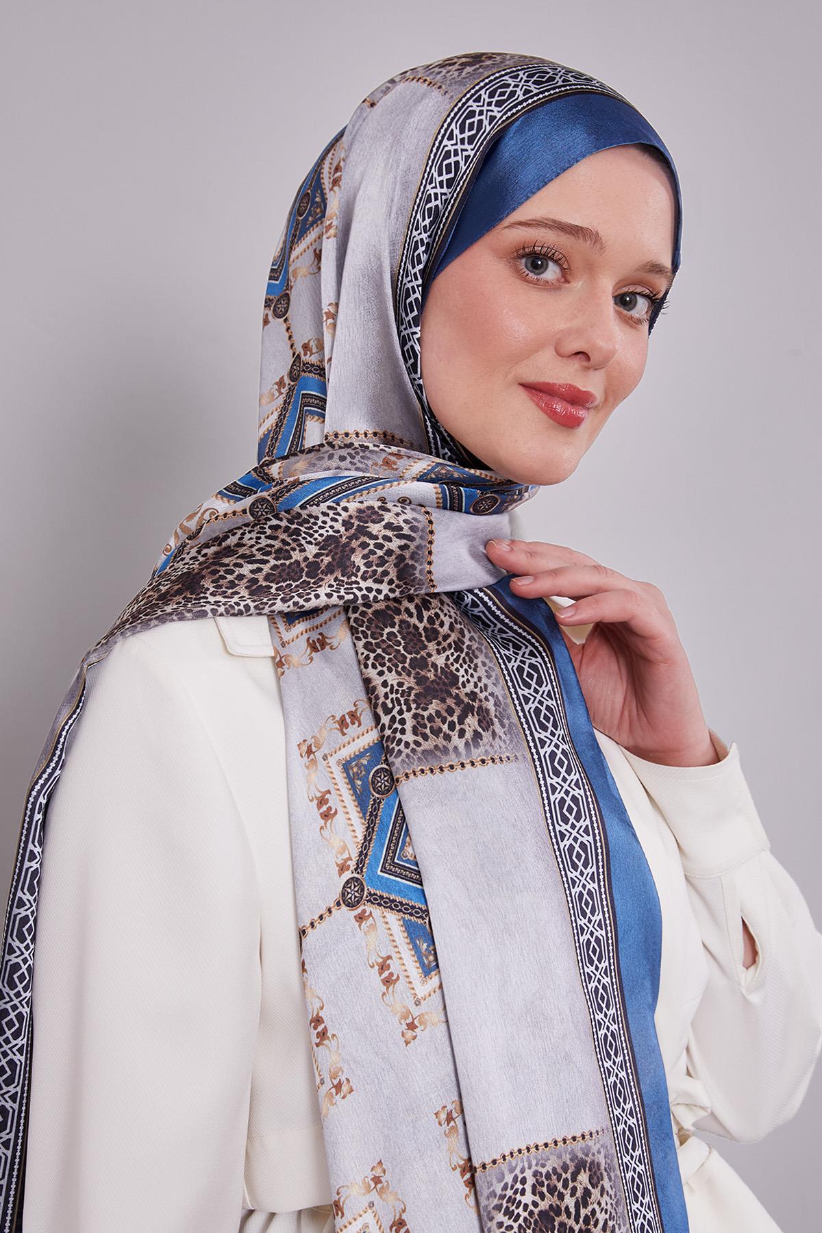 Fivescarf İndigo Geometrik Desen Vual İpek Şal