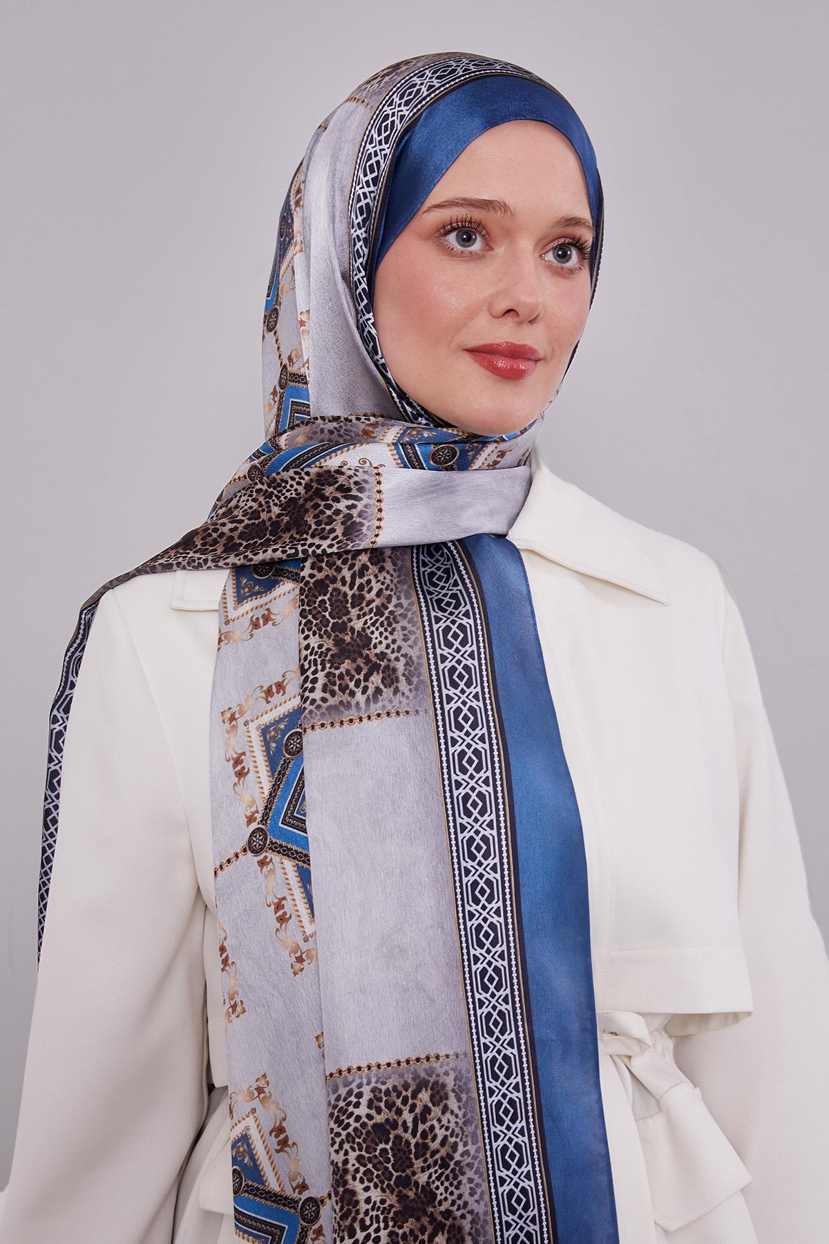 Fivescarf İndigo Geometrik Desen Vual İpek Şal