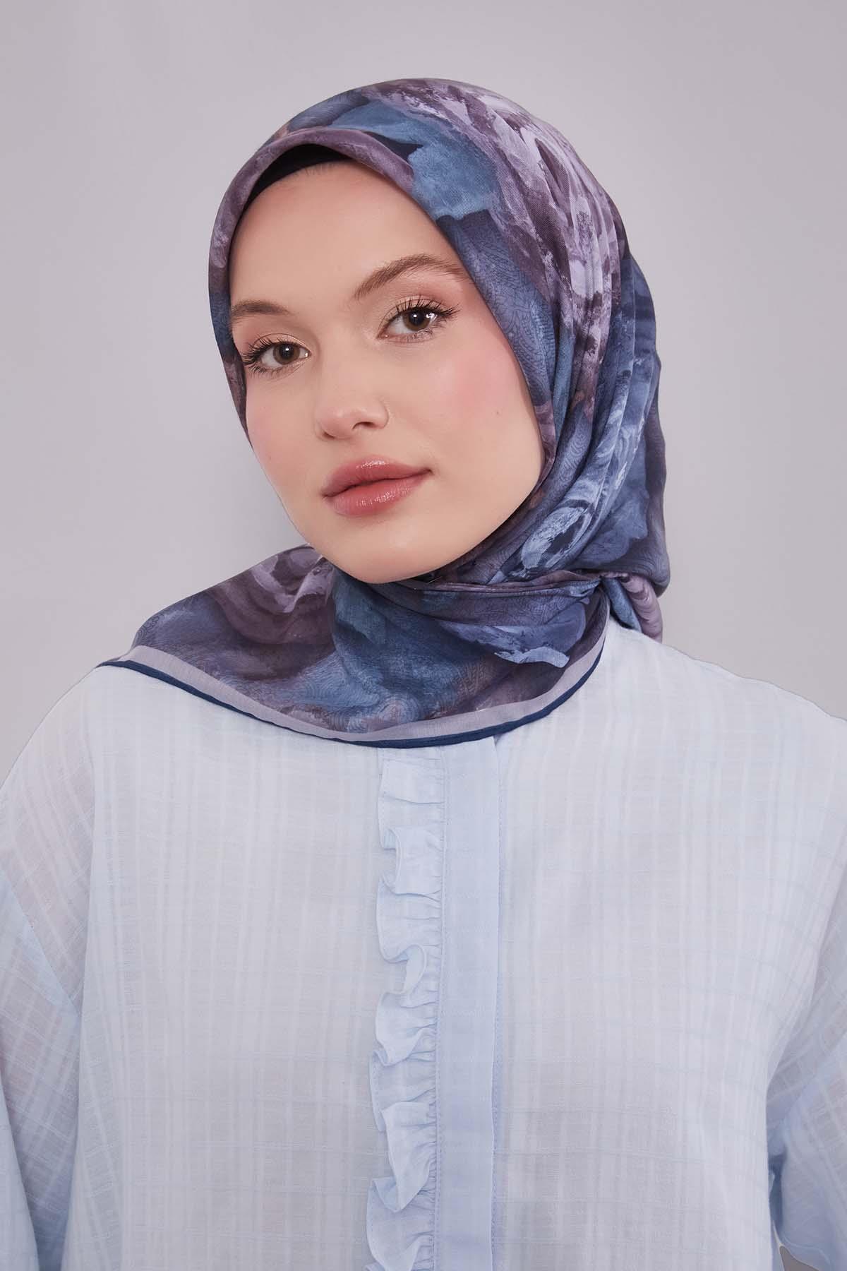 Fivescarf İndigo Lale Desen Silk Coton Eşarp