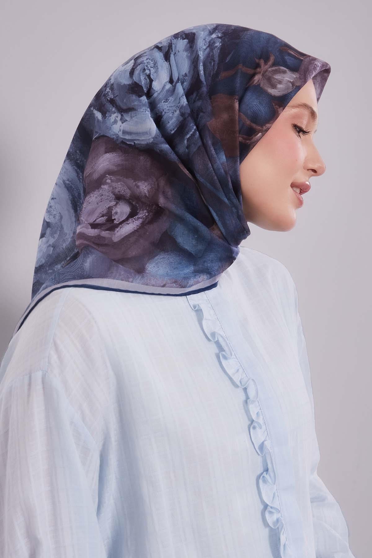 Fivescarf İndigo Lale Desen Silk Coton Eşarp