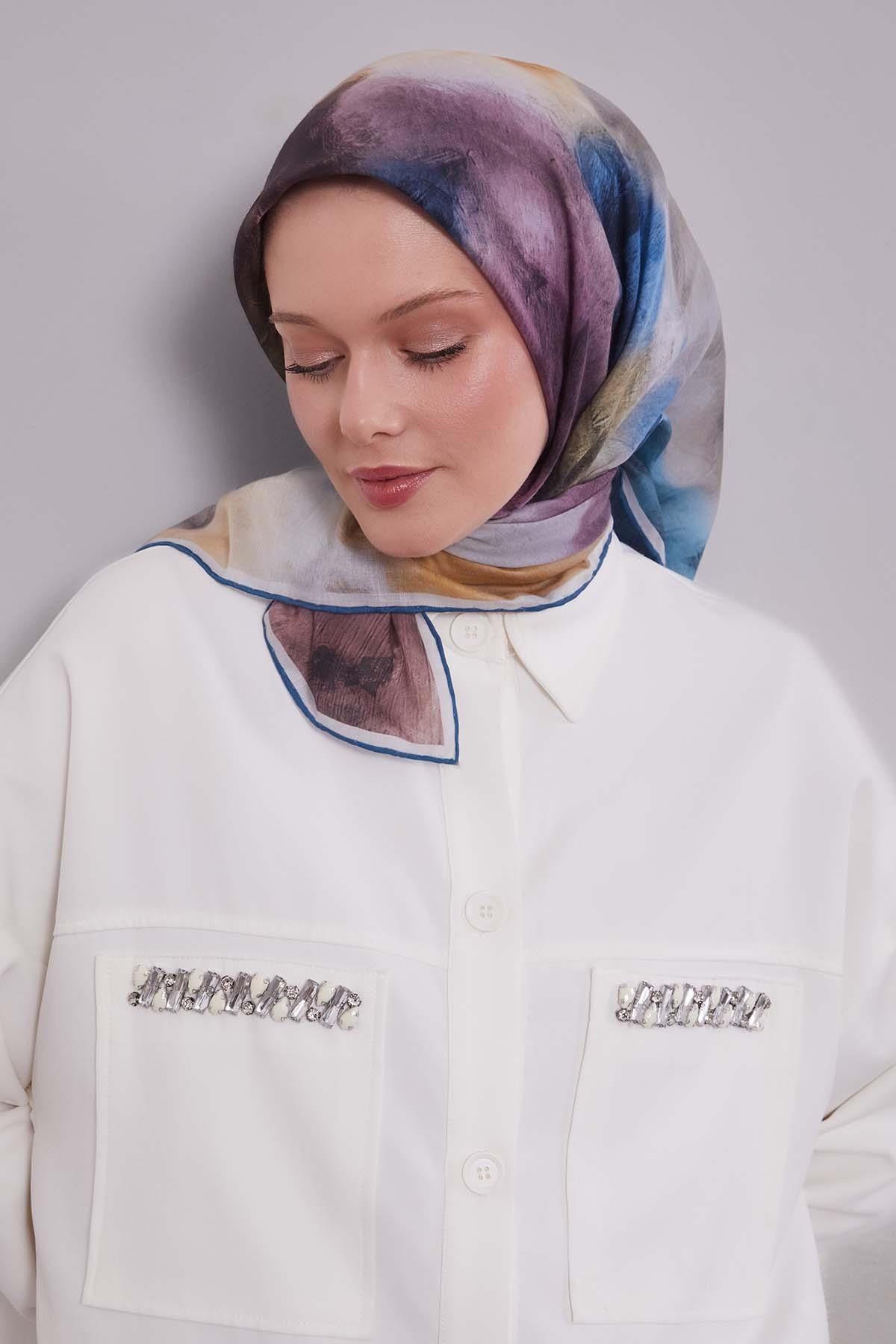 Fivescarf İndigo Lotus Çiçeği Silk Coton Eşarp