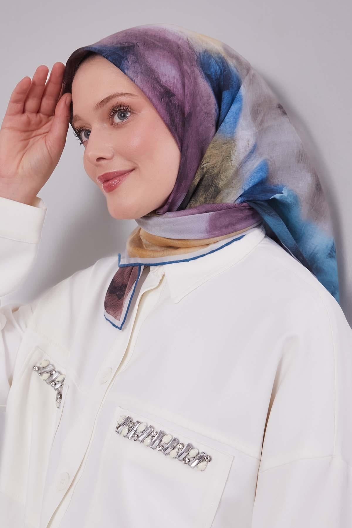 Fivescarf İndigo Lotus Çiçeği Silk Coton Eşarp
