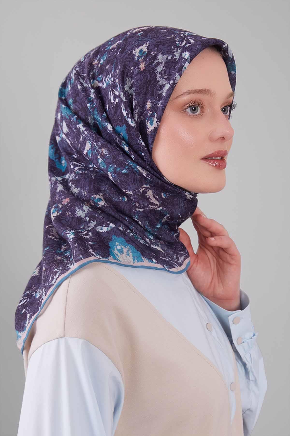 Fivescarf İndigo Retro Çiçek Desen Silk Coton Eşarp