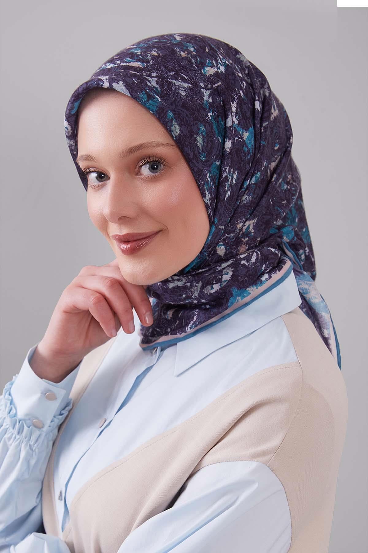 Fivescarf İndigo Retro Çiçek Desen Silk Coton Eşarp