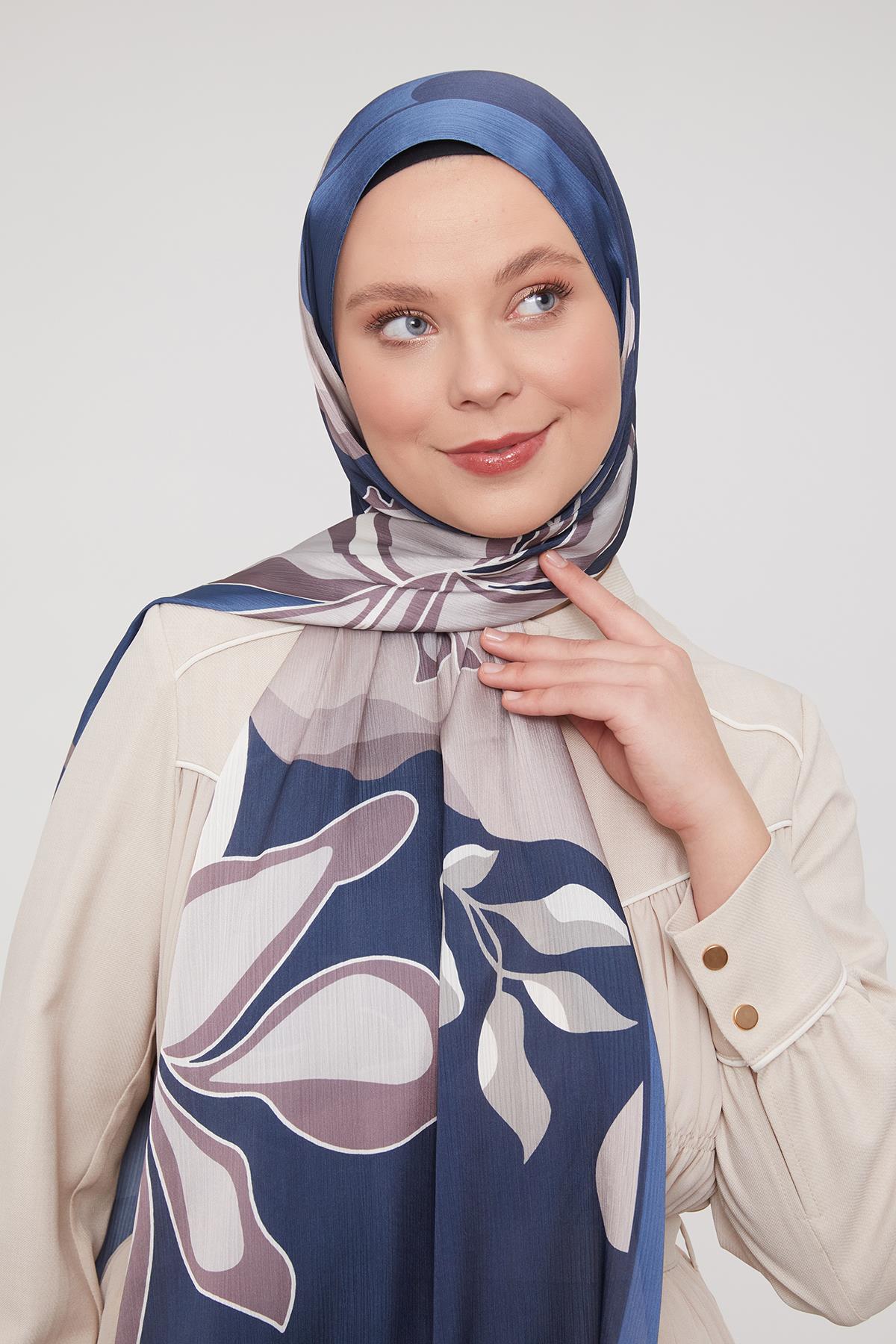 Fivescarf İndigo Soyut Çiçek Desen Brand Şal