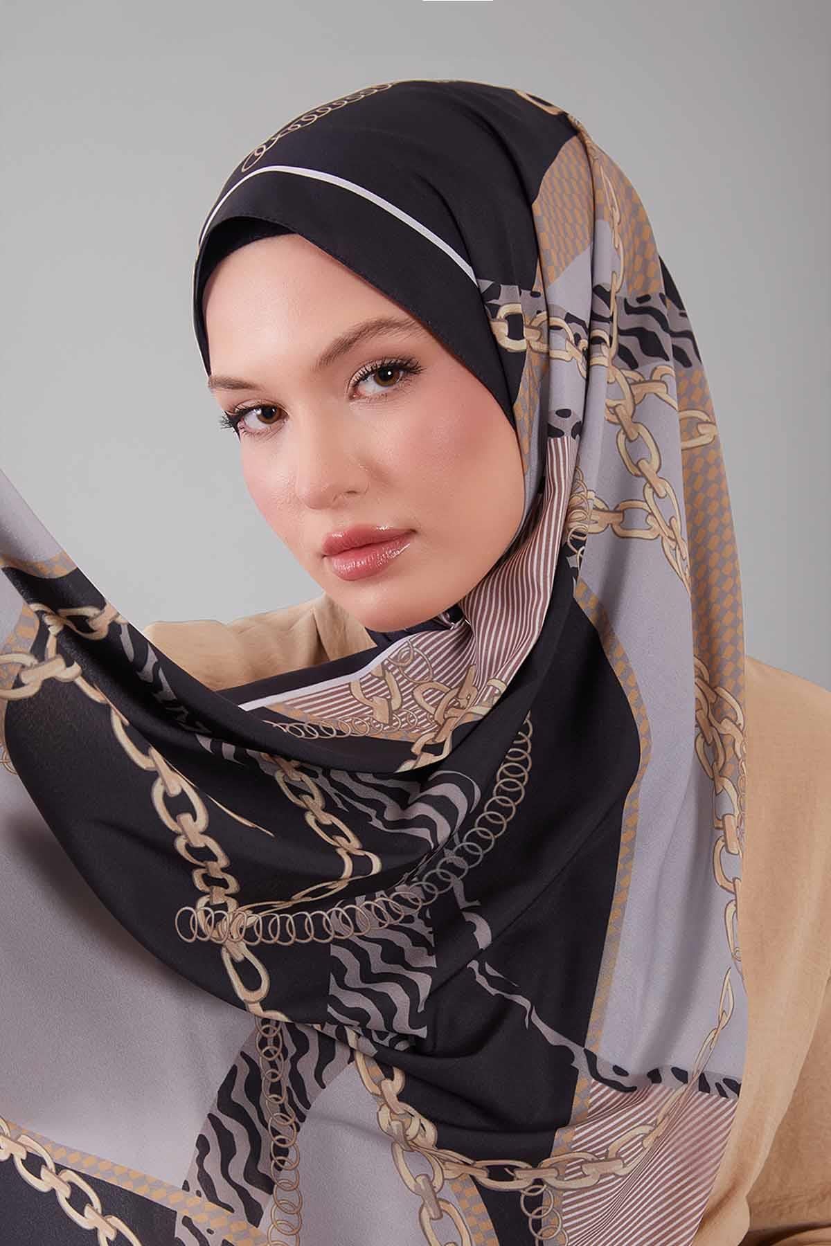 Fivescarf K.Lacivert Gold Zincir Desen Moos Chrep Şal