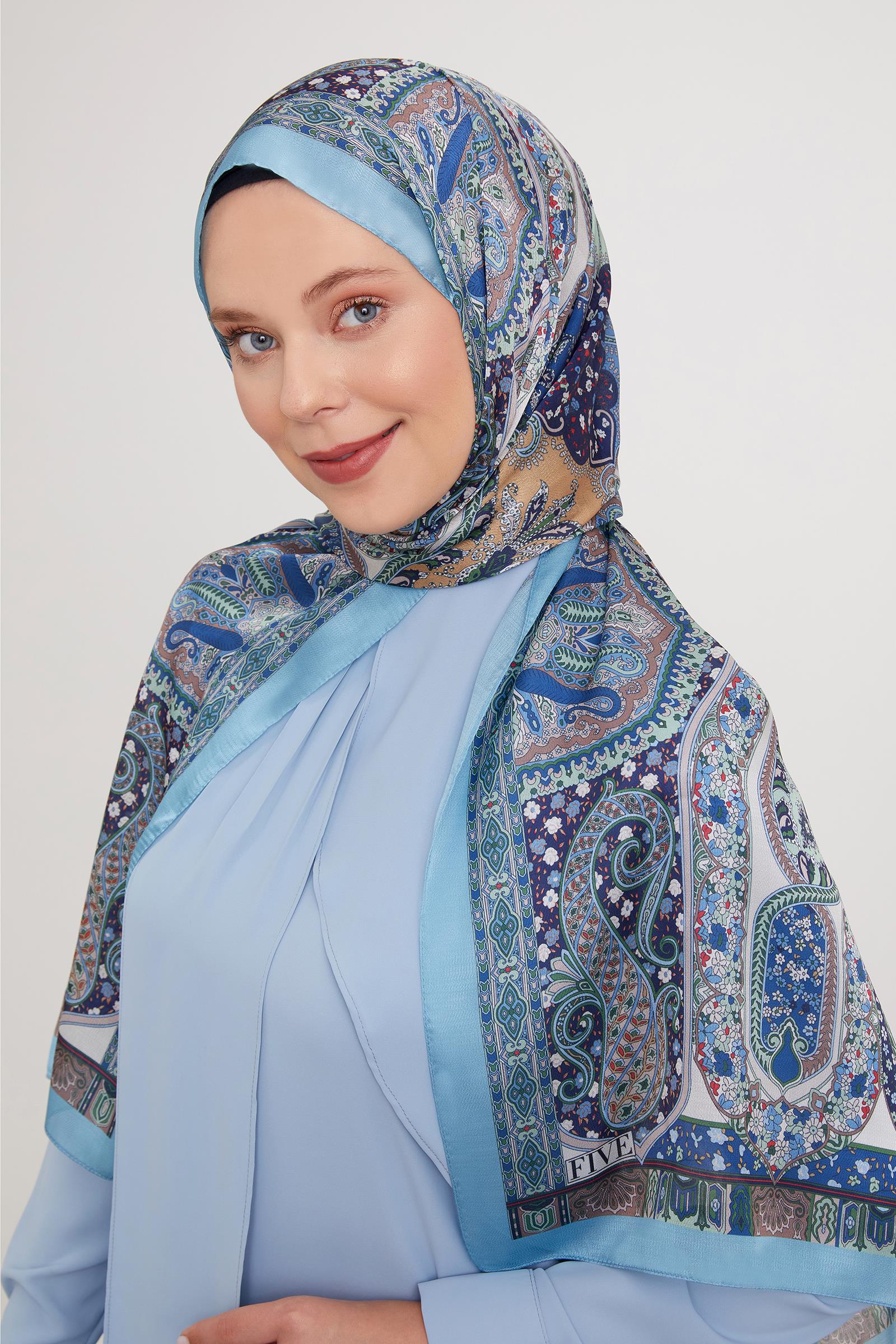 Fivescarf K.Mavi Etnik Baskılı Vual İpek Şal