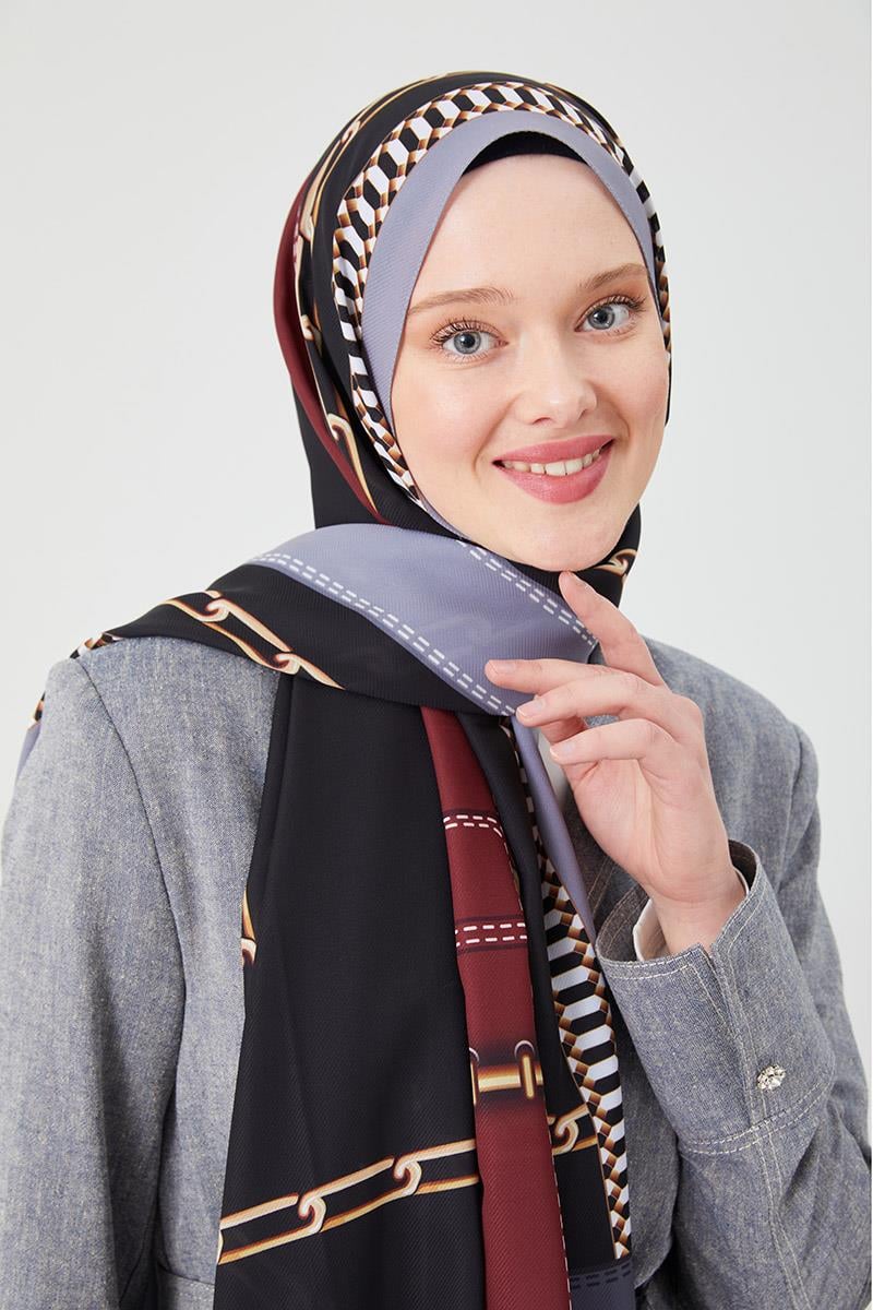 Fivescarf K.Gri Zincir Desen Violet Medine İpeği Şal