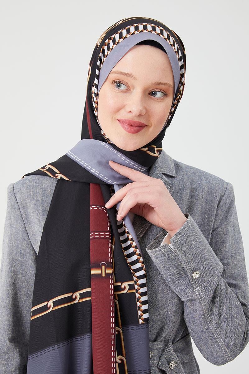 Fivescarf K.Gri Zincir Desen Violet Medine İpeği Şal