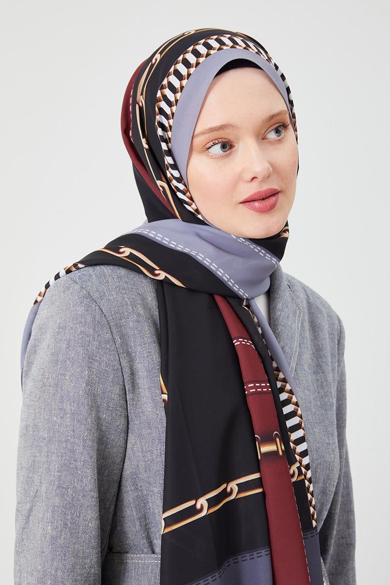 Fivescarf K.Gri Zincir Desen Violet Medine İpeği Şal