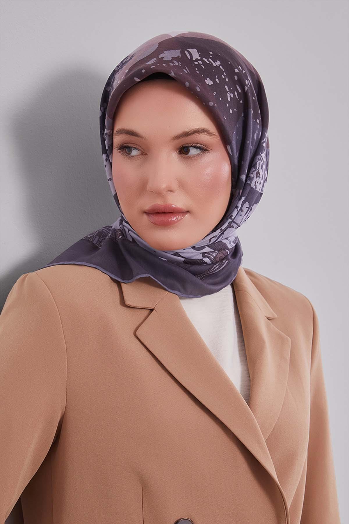 Fivescarf K.Gri Manzara Desen Silk Coton Eşarp