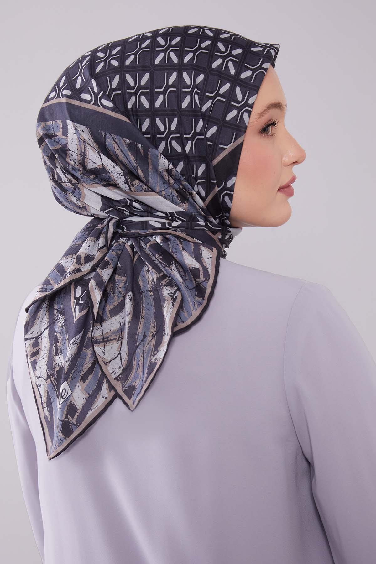 Fivescarf K.Antrasit Geometri Desen Silk Cotton Eşarp