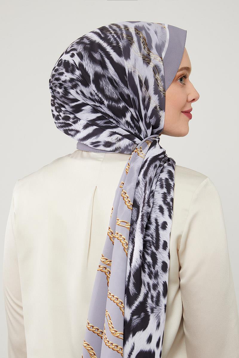Fivescarf K.Gri Leopar Desen Violet Medine İpeği Şal