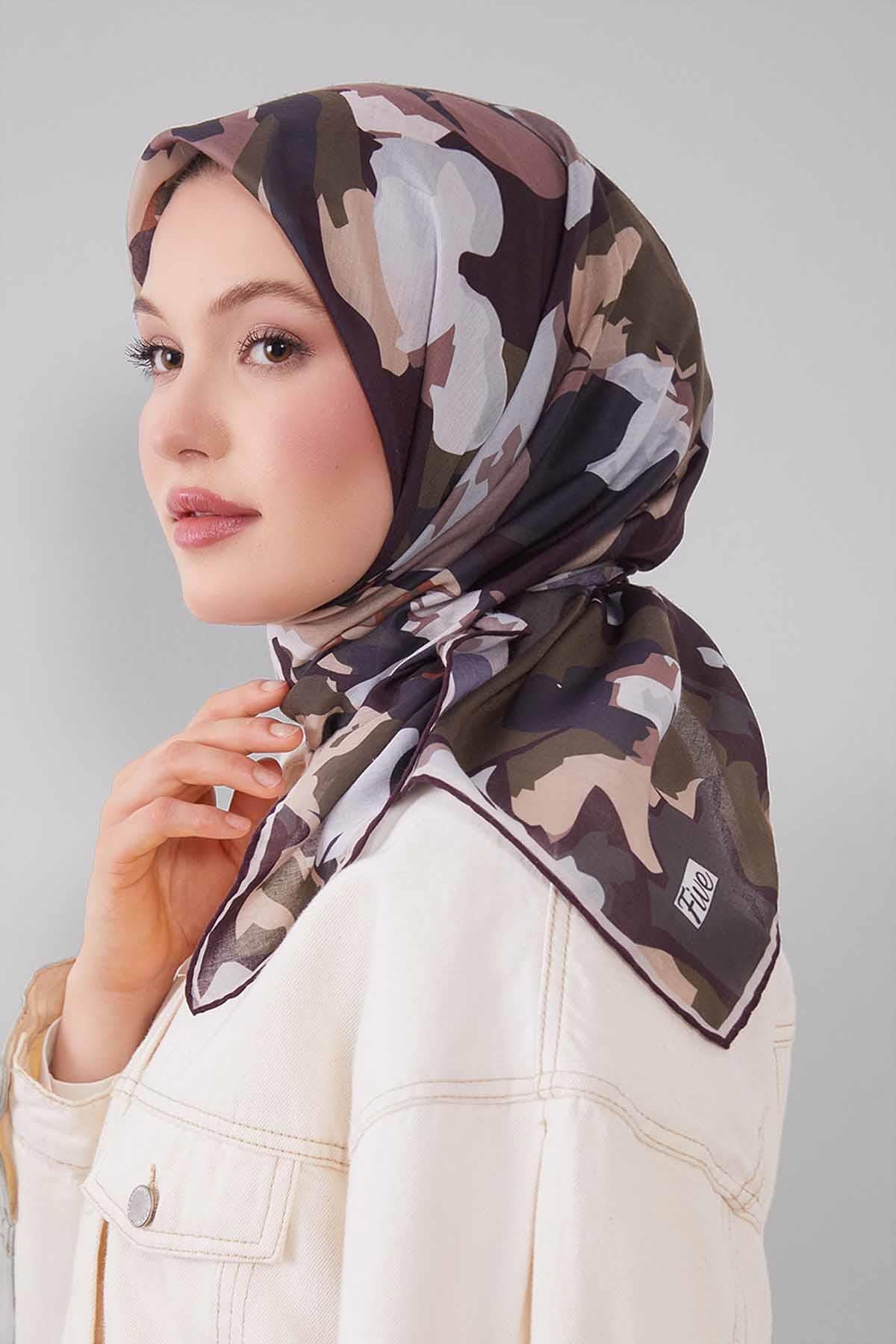 Fivescarf K.Yeşil Karışık Desen Silk Coton Eşarp