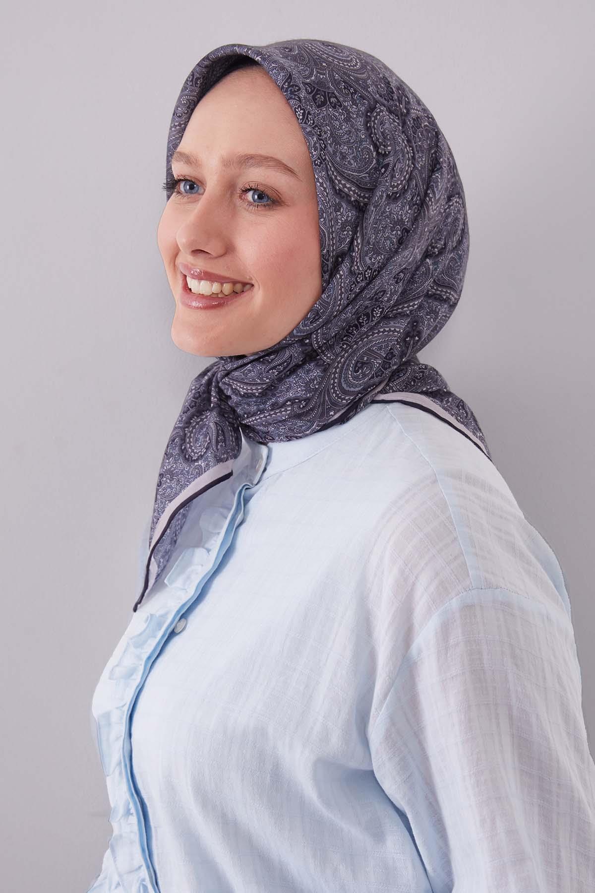 Fivescarf K.Lacivert Etnik Desen Silk Cotton Eşarp