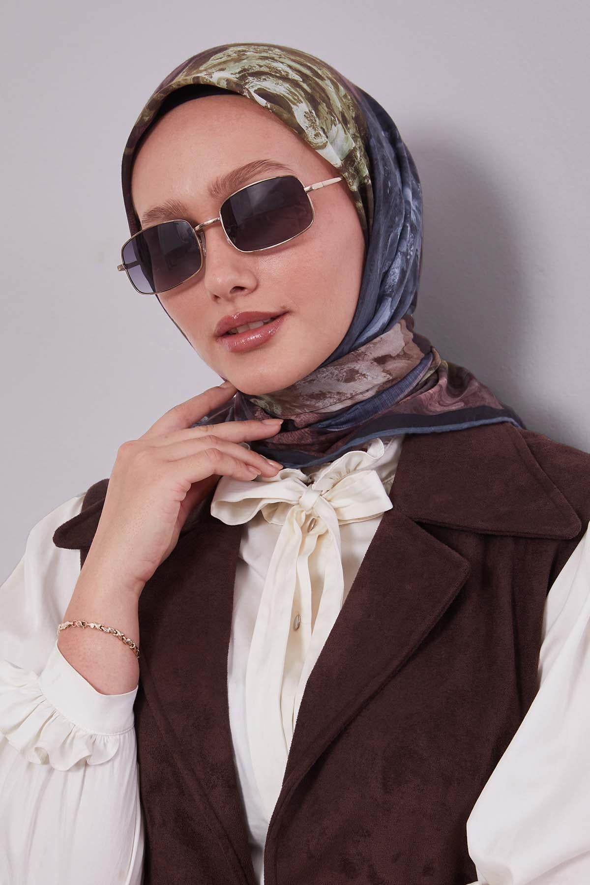 Fivescarf K.Yeşil Lale Desen Silk Coton Eşarp
