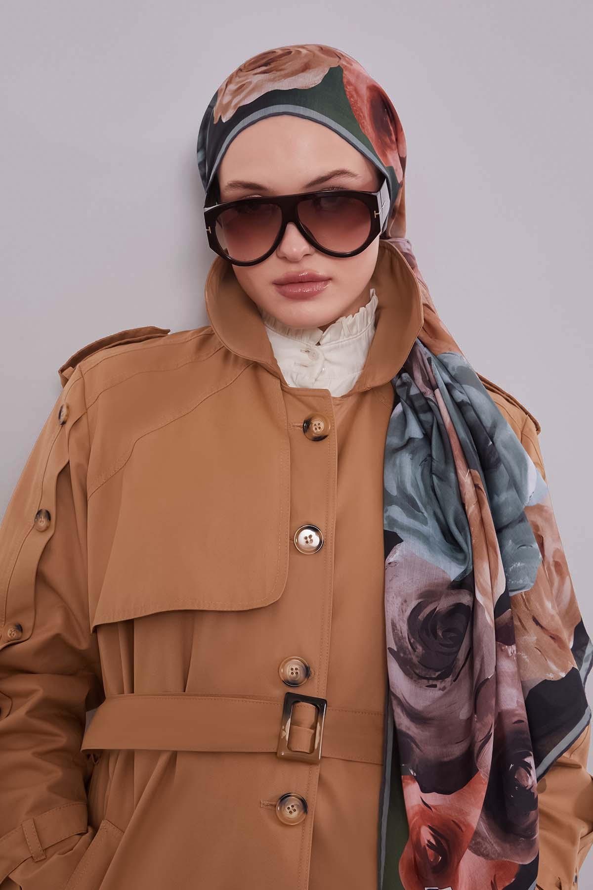 Fivescarf K.Yeşil Çiçek Desen Slik Coton Eşarp