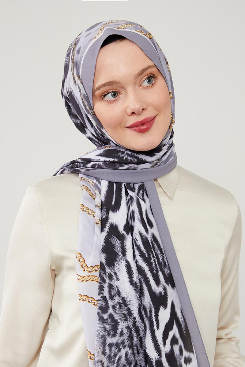 Fivescarf K.Gri Leopar Desen Violet Medine İpeği Şal