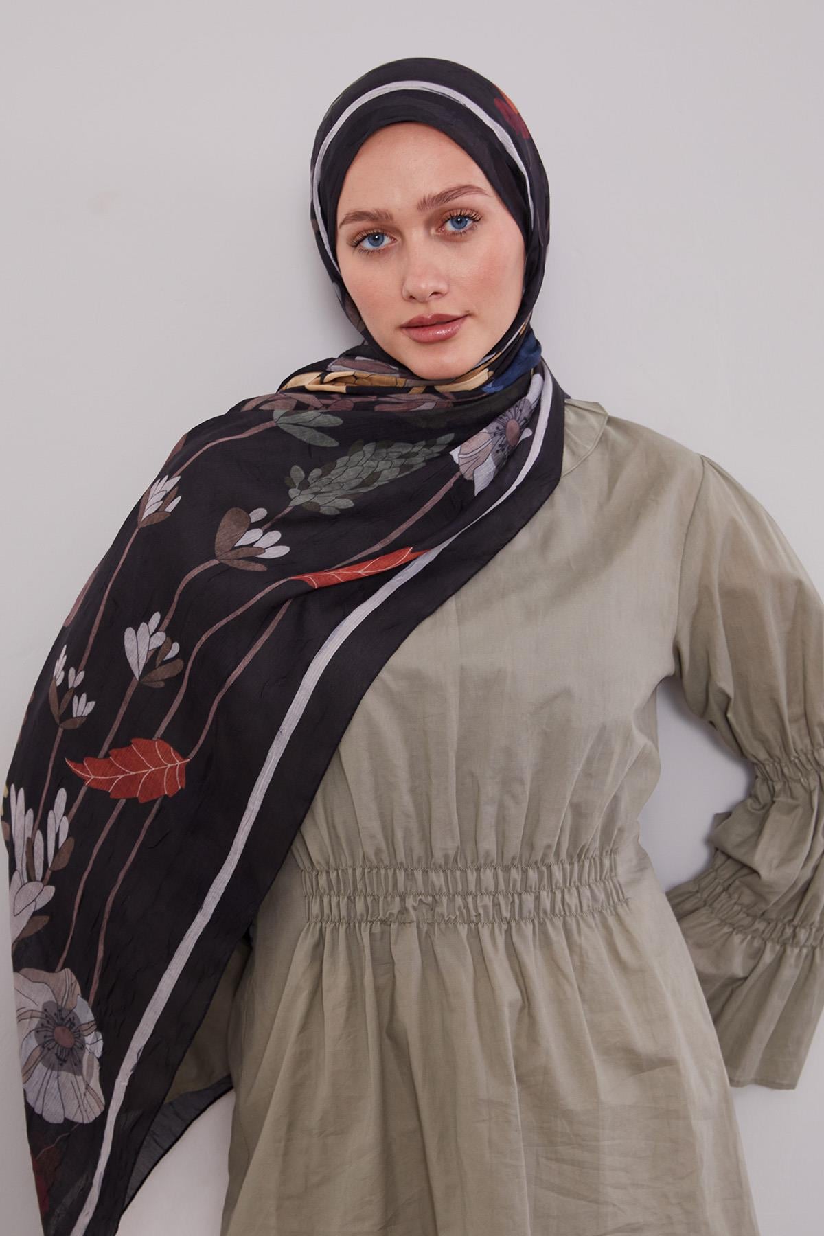 Fivescarf K.Lacivert Büyük Çiçek Desenli Craze Comfort Şal