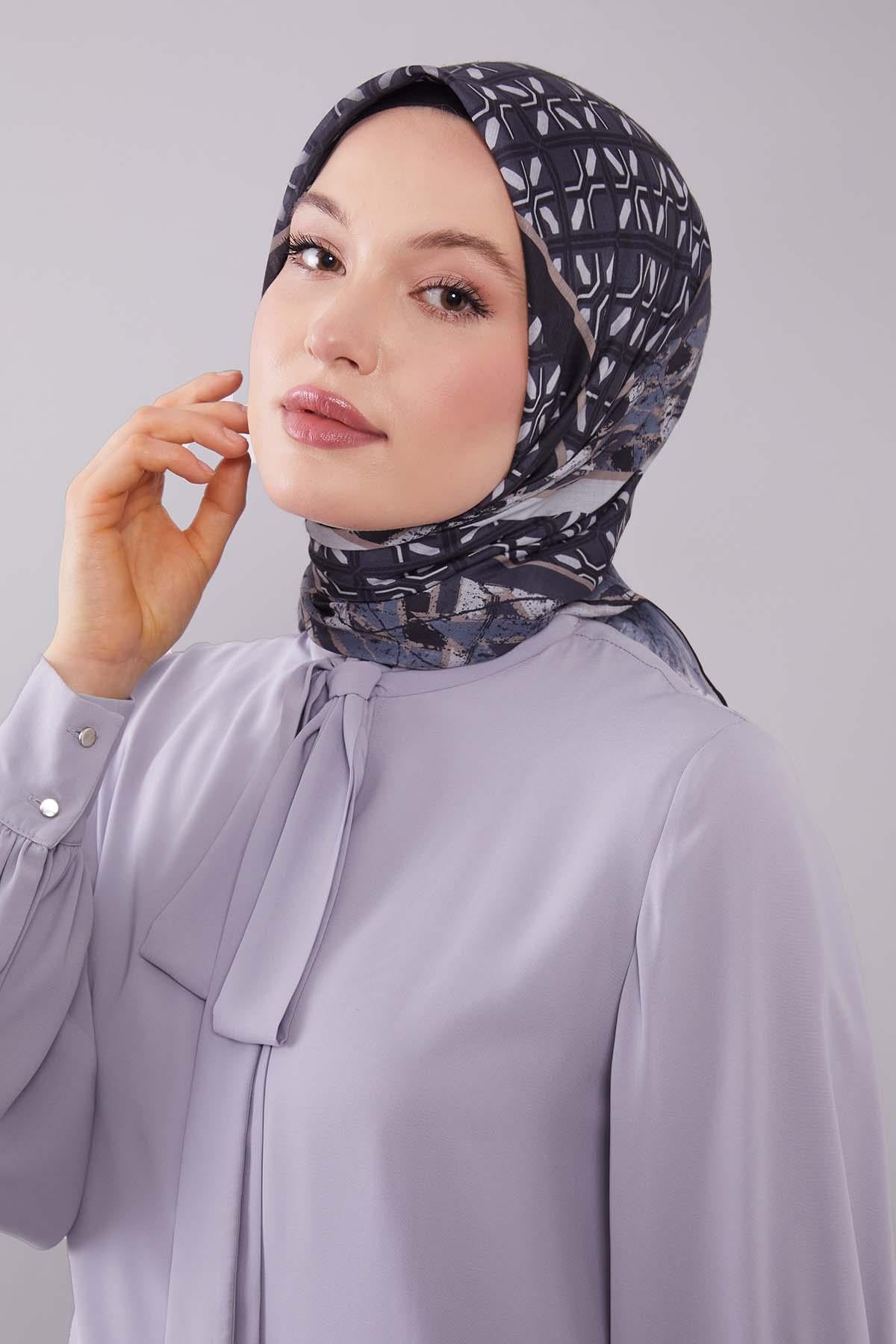 Fivescarf K.Antrasit Geometri Desen Silk Cotton Eşarp