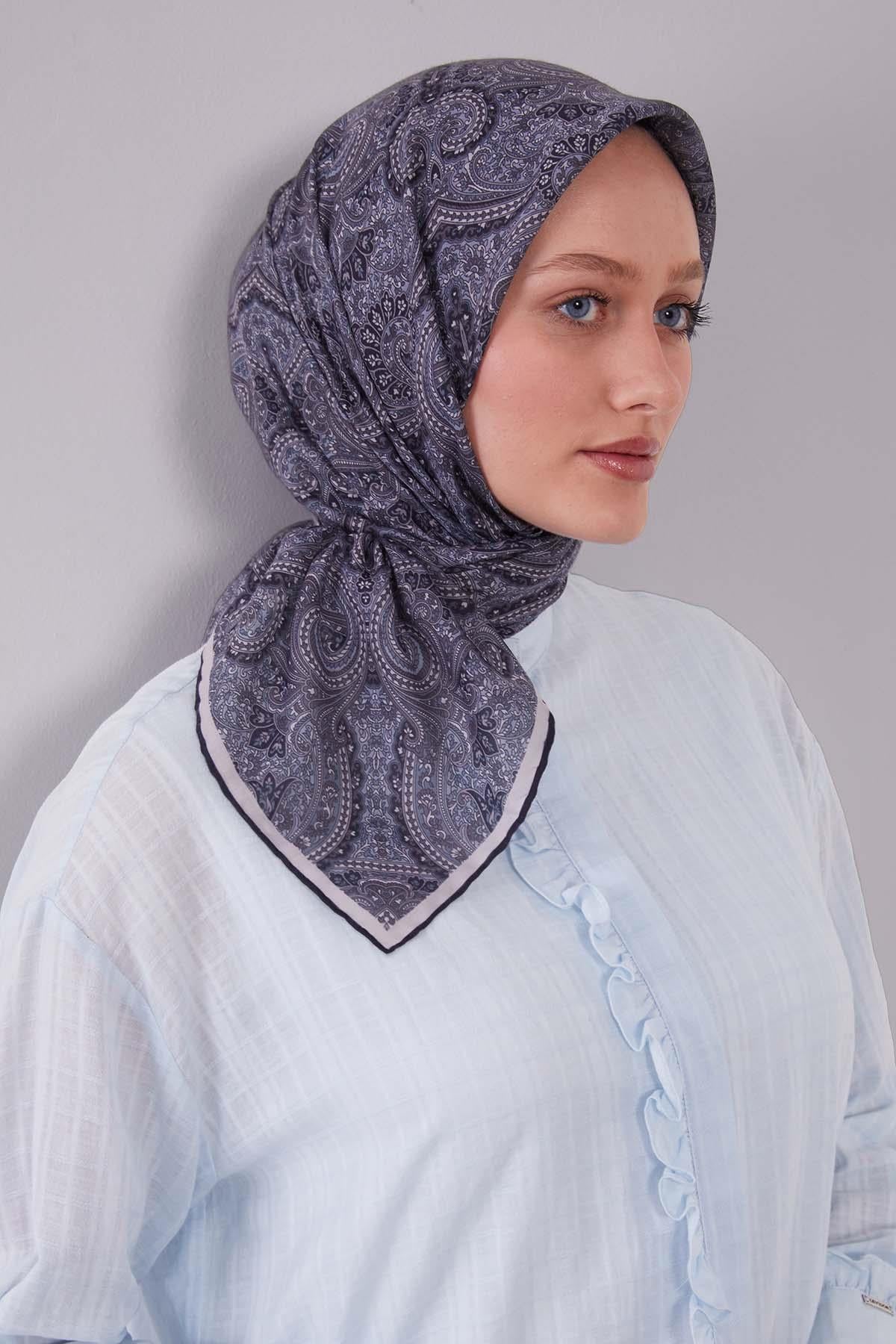 Fivescarf K.Lacivert Etnik Desen Silk Cotton Eşarp