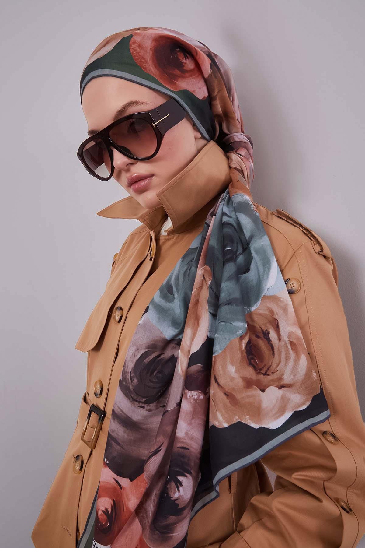 Fivescarf K.Yeşil Çiçek Desen Slik Coton Eşarp
