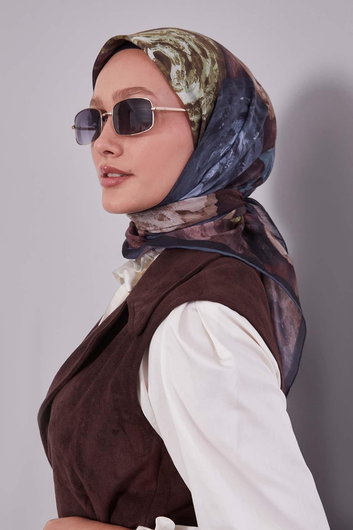 Fivescarf K.Yeşil Lale Desen Silk Coton Eşarp