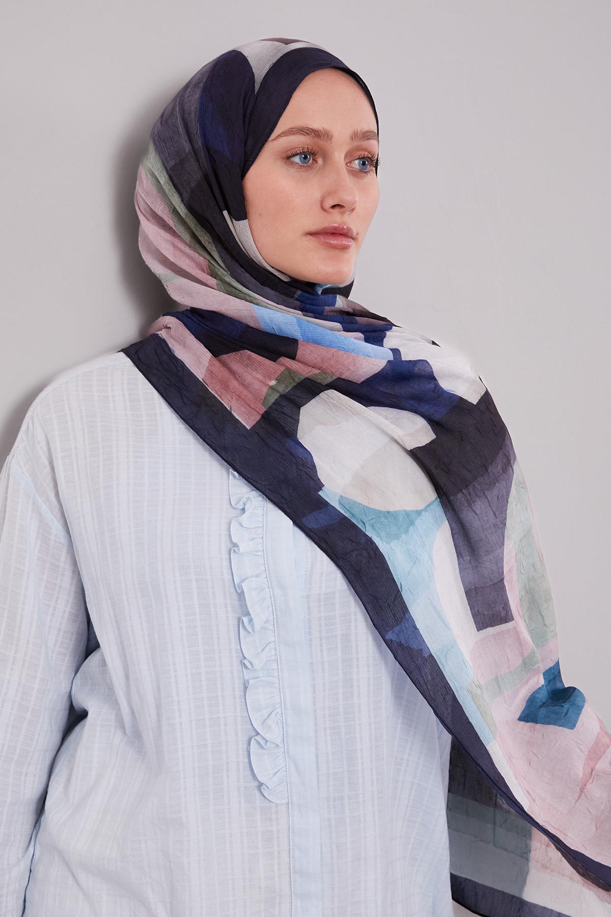 Fivescarf K.Lacivert Geometrik Desen Craze Comfort Şal