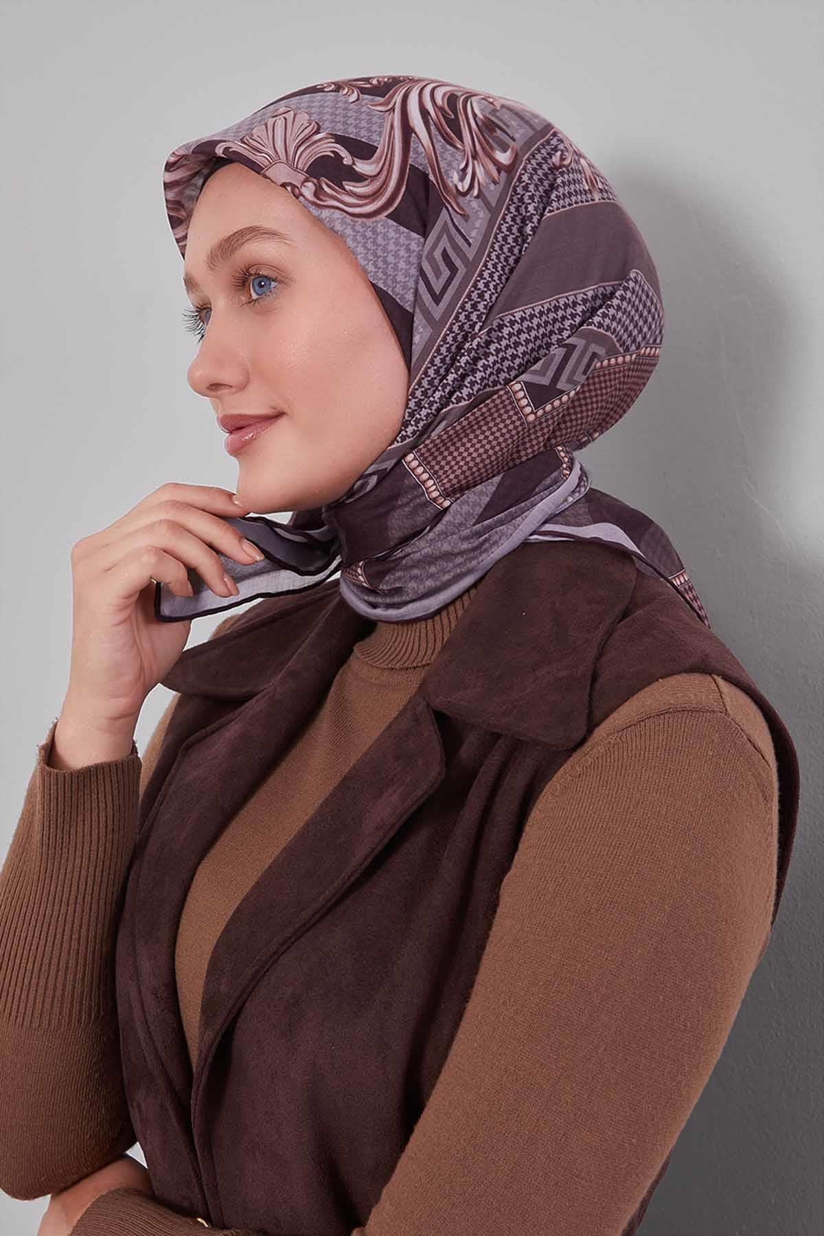 Fivescarf K.Kahve Boncuk Desen Silk Coton Eşarp