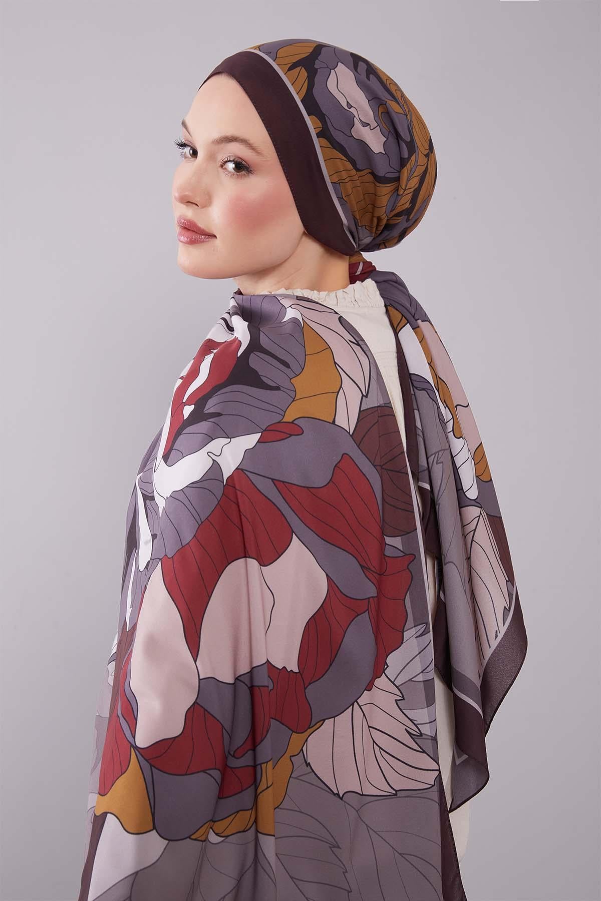 Fivescarf K.Kahve Çiçekli Floral Desen Moos Chrep Şal