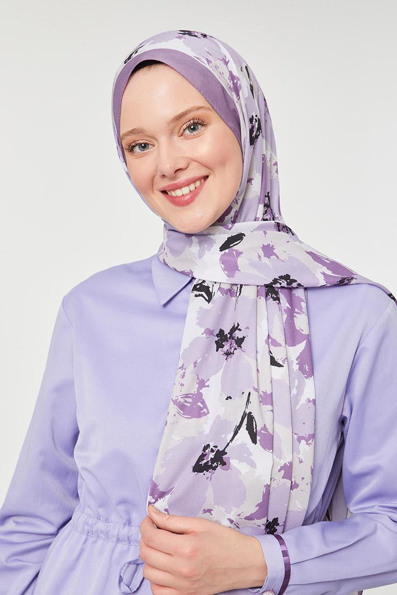 Fivescarf K.Lila Büyük Çiçek Desenli Mono Şal